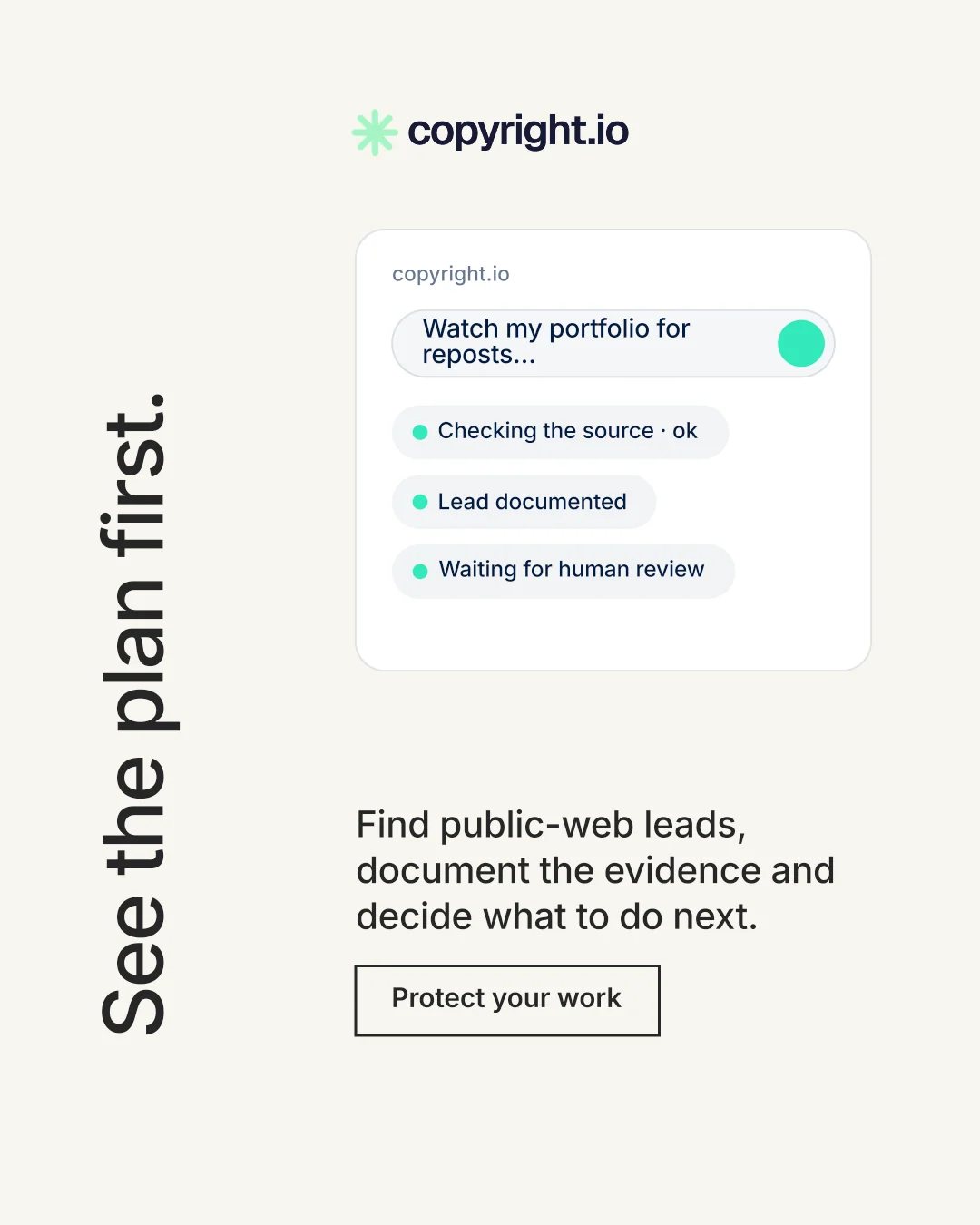 Instagram portrait post for copyright.io: "See the plan first." Editorial style, vertical layout, light palette in white.