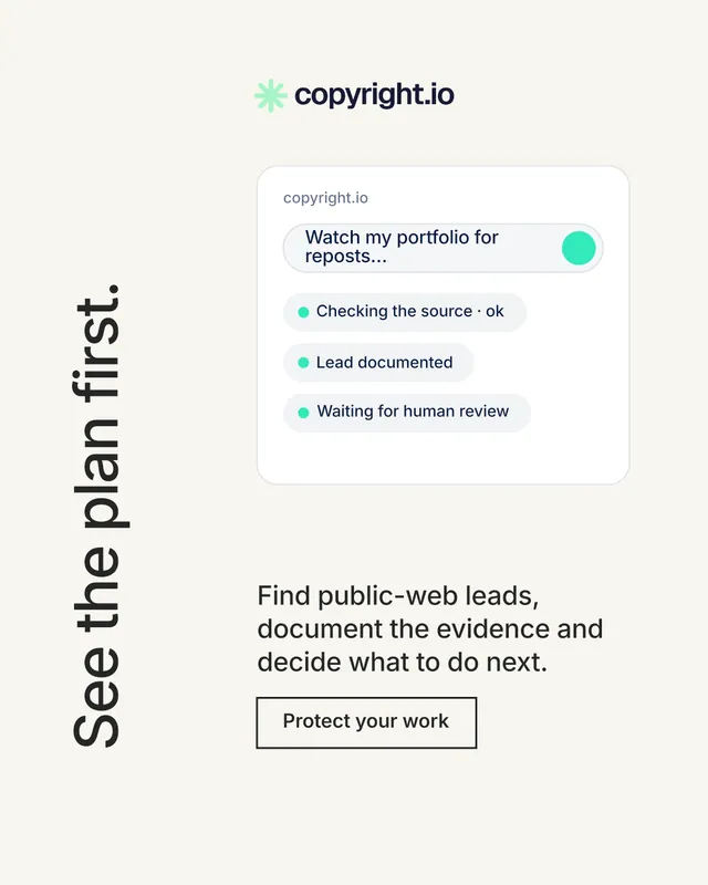 Instagram portrait post for copyright.io: "See the plan first." Editorial style, vertical layout, light palette in white.