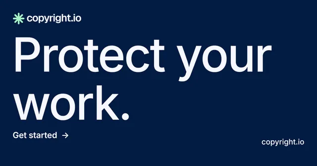 Social ad for copyright.io: "Protect your work." Minimal luxury style, poster layout, dark palette in blue, grey.