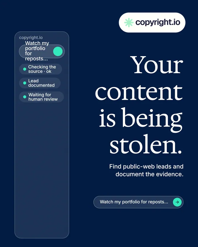 Instagram portrait post for copyright.io: "Your content is being stolen." Agentic glass style, right layout, dark palette in blue.