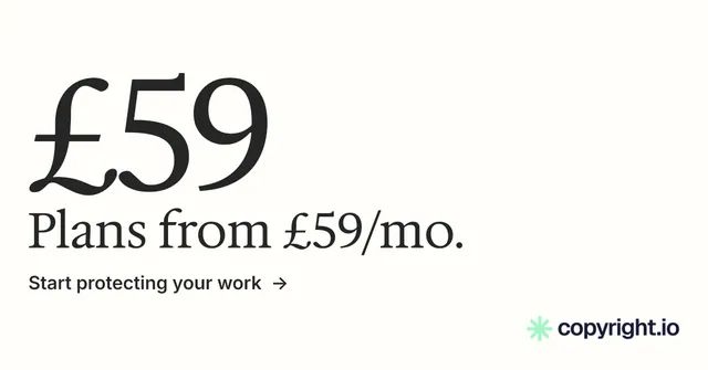 Social ad for copyright.io: "Your content is being stolen." Minimal luxury style, stat layout, light palette in white, grey.