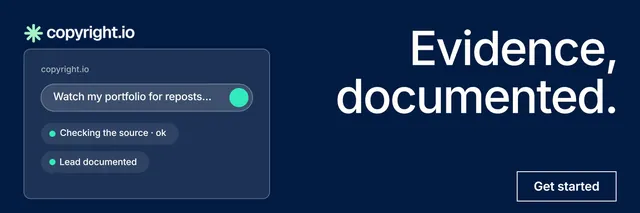 X header for copyright.io: "Evidence, documented." Editorial style, right layout, dark palette in blue.