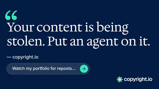 Landscape graphic for copyright.io: "Reposts don't remove themselves." Agentic glass style, quote layout, dark palette in blue.