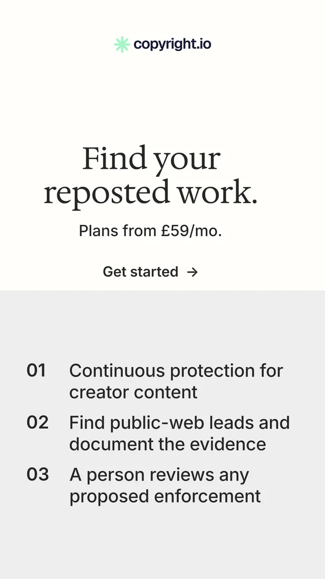 Instagram story for copyright.io: "Find your reposted work." Minimal luxury style, skeleton layout, light palette in white, grey.