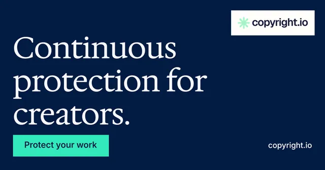 Social ad for copyright.io: "Continuous protection for creators." Split block style, poster layout, dark palette in blue.