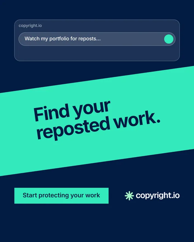 Instagram portrait post for copyright.io: "Find your reposted work." Swiss style, diagonal layout, dark palette in blue, teal.