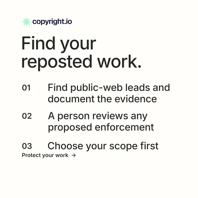 Instagram post for copyright.io: "Find your reposted work." Minimal luxury style, numbered layout, light palette in white, grey.