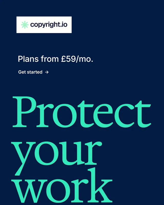 Instagram portrait post for copyright.io: "Your content is being stolen." Minimal luxury style, oversized layout, dark palette in blue, teal.