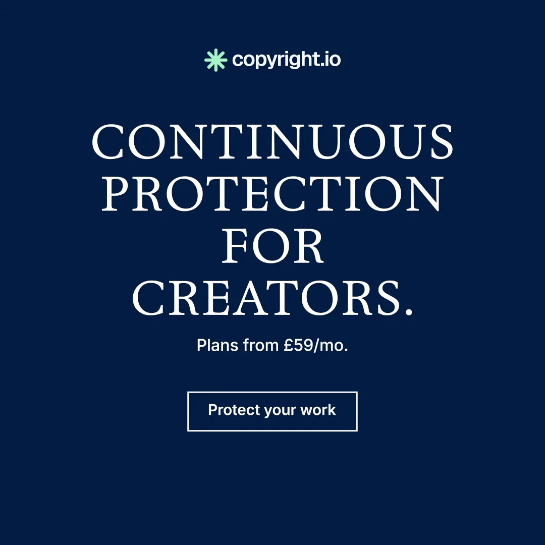 Instagram post for copyright.io: "Continuous protection for creators." Editorial style, centred layout, dark palette in blue.