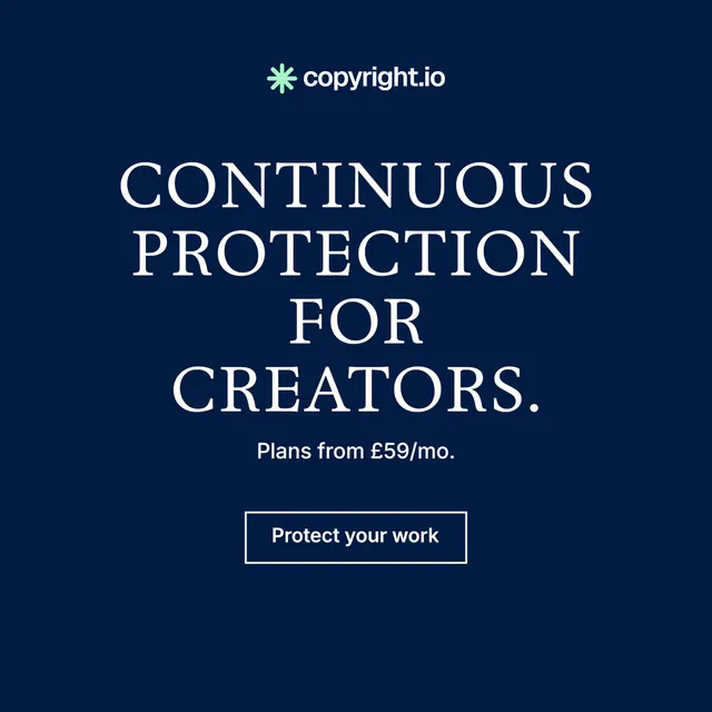 Instagram post for copyright.io: "Continuous protection for creators." Editorial style, centred layout, dark palette in blue.