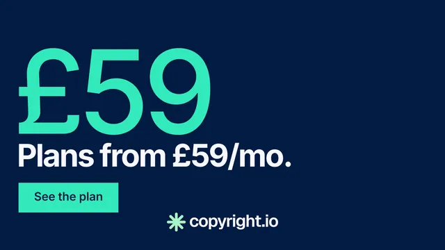 Landscape graphic for copyright.io: "Your content is being stolen." Swiss style, stat layout, dark palette in blue, teal.