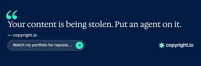 X header for copyright.io: "Your content is being stolen." Agentic glass style, quote layout, dark palette in blue.