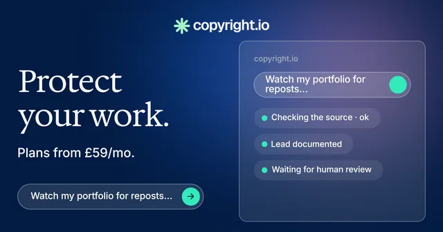 Social ad for copyright.io: "Protect your work." Agentic glass style, bottom layout, dark palette in blue.