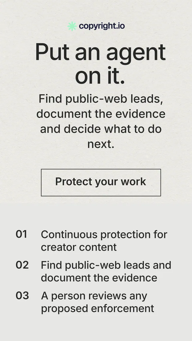 Instagram story for copyright.io: "Put an agent on it." Editorial style, skeleton layout, light palette in white, grey.