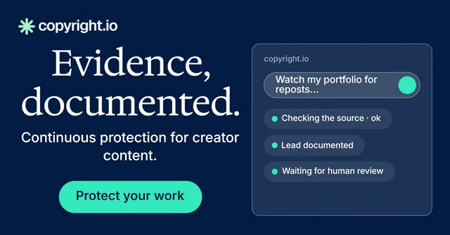 Social ad for copyright.io: "Evidence, documented." Agentic glass style, skeleton layout, dark palette in blue, teal.