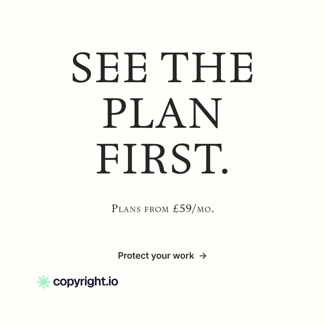 Instagram post for copyright.io: "See the plan first." Minimal luxury style, smallcaps layout, light palette in white, grey.