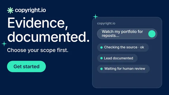 Landscape graphic for copyright.io: "Evidence, documented." Y2K style, skeleton layout, dark palette in blue.