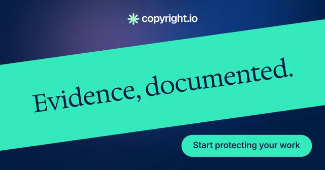 Social ad for copyright.io: "Evidence, documented." Y2K style, diagonal layout, light palette in teal, blue.