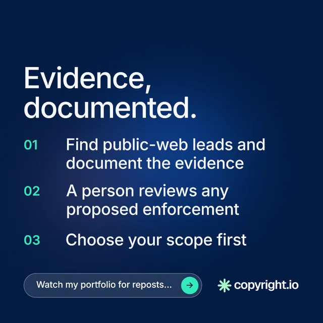 Instagram post for copyright.io: "Evidence, documented." Agentic glass style, numbered layout, dark palette in blue.