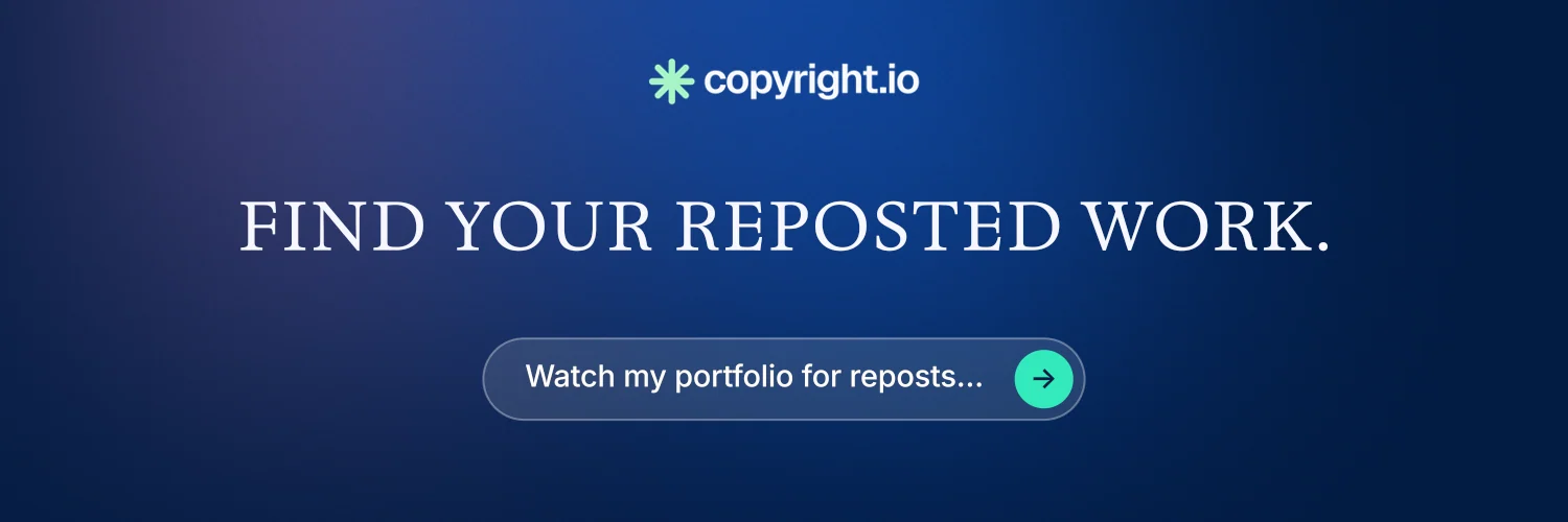 X header for copyright.io: "Find your reposted work." Agentic glass style, centred layout, dark palette in blue.