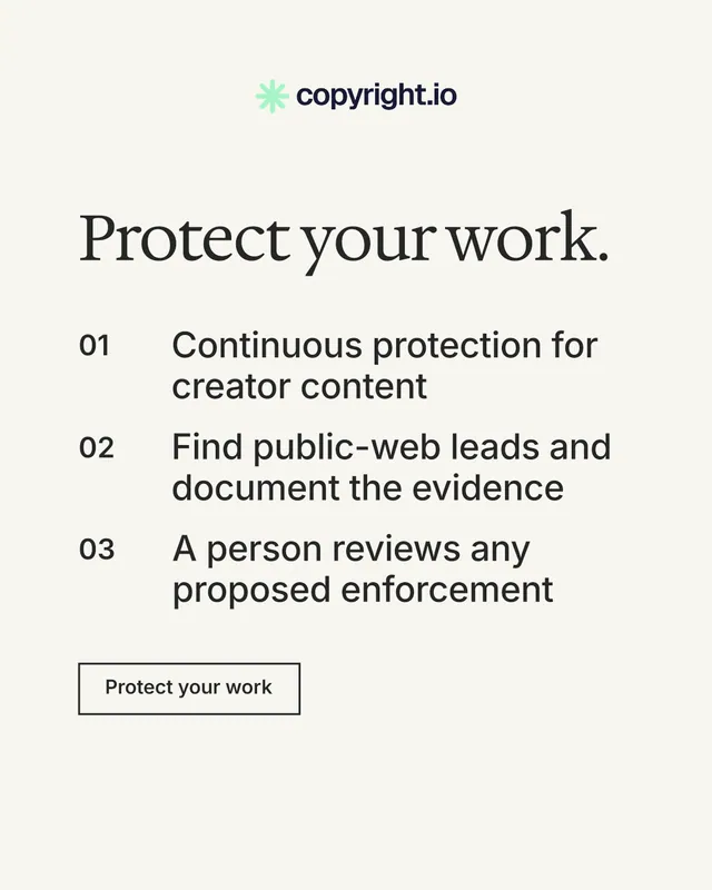 Instagram portrait post for copyright.io: "Protect your work." Editorial style, numbered layout, light palette in white, grey.