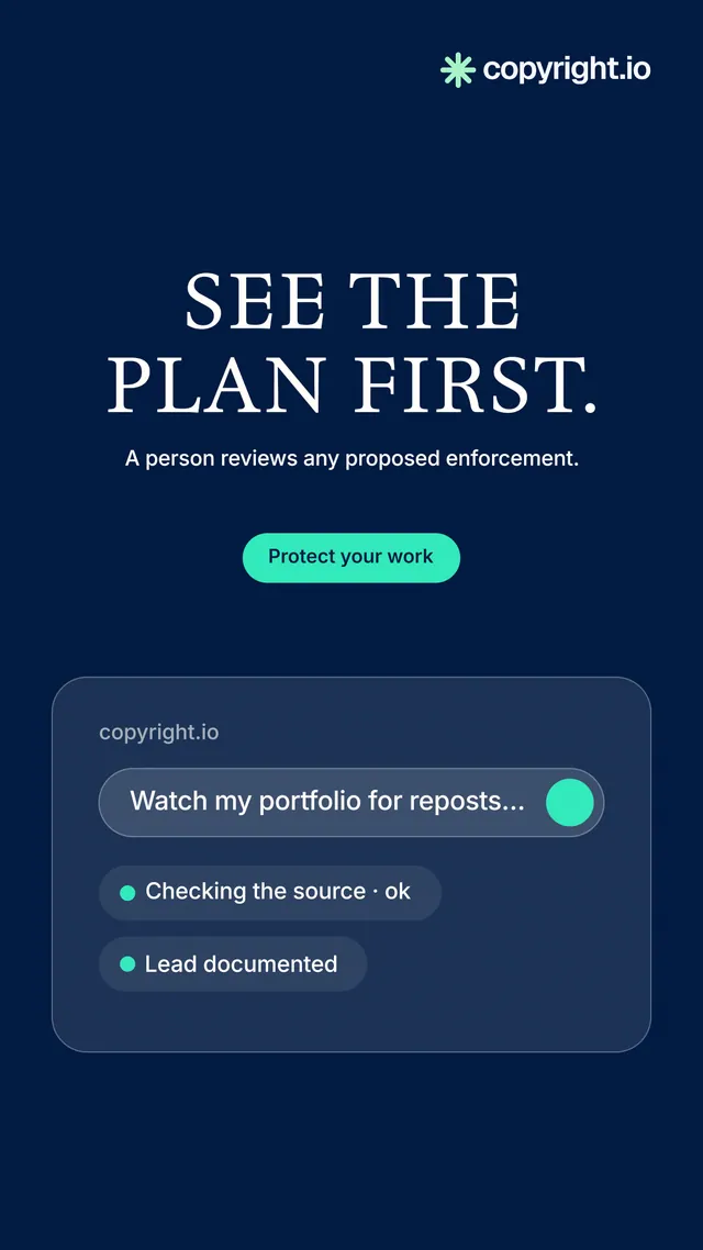 Instagram story for copyright.io: "See the plan first." Y2K style, centred layout, dark palette in blue.
