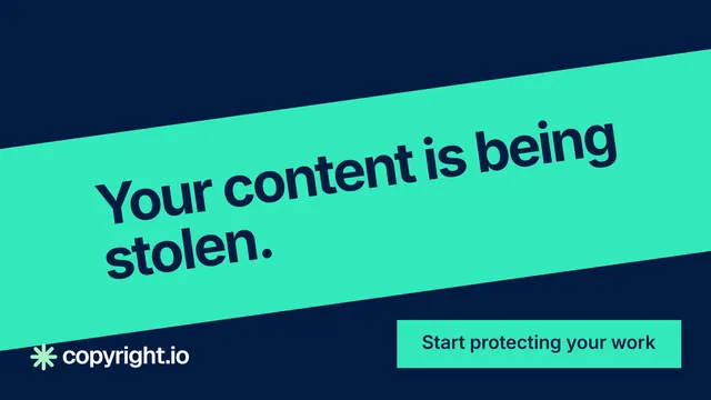 Landscape graphic for copyright.io: "Your content is being stolen." Swiss style, diagonal layout, light palette in teal, blue.