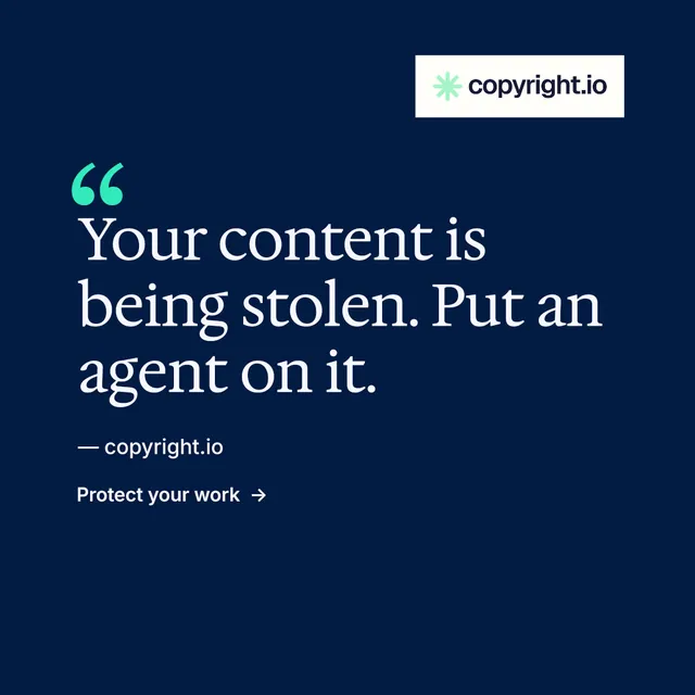 Instagram post for copyright.io: "Protect your work." Minimal luxury style, quote layout, dark palette in blue.