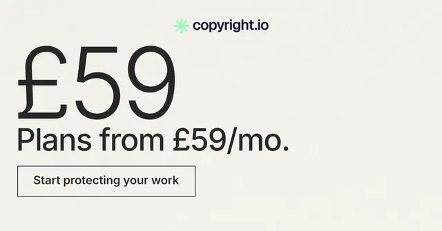 Social ad for copyright.io: "Protect your work." Editorial style, stat layout, light palette in white, grey.