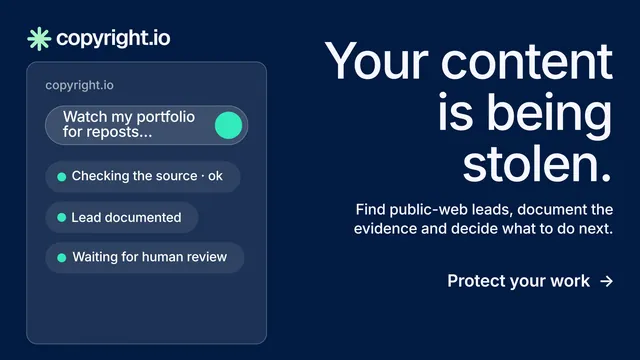 Landscape graphic for copyright.io: "Your content is being stolen." Minimal luxury style, right layout, dark palette in blue.