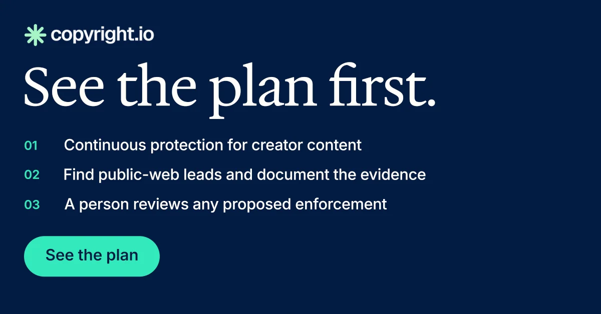 Social ad for copyright.io: "See the plan first." Y2K style, numbered layout, dark palette in blue, teal.