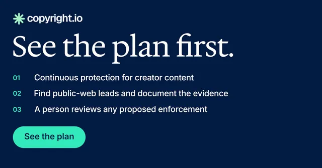 Social ad for copyright.io: "See the plan first." Y2K style, numbered layout, dark palette in blue, teal.