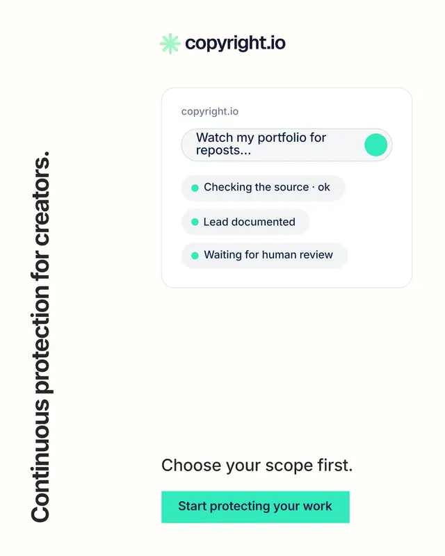 Instagram portrait post for copyright.io: "Continuous protection for creators." Swiss style, vertical layout, light palette in white, teal.