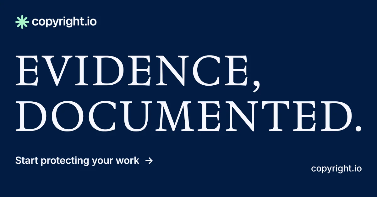 Social ad for copyright.io: "Evidence, documented." Minimal luxury style, poster layout, dark palette in blue.
