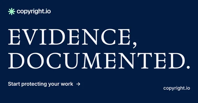 Social ad for copyright.io: "Evidence, documented." Minimal luxury style, poster layout, dark palette in blue.