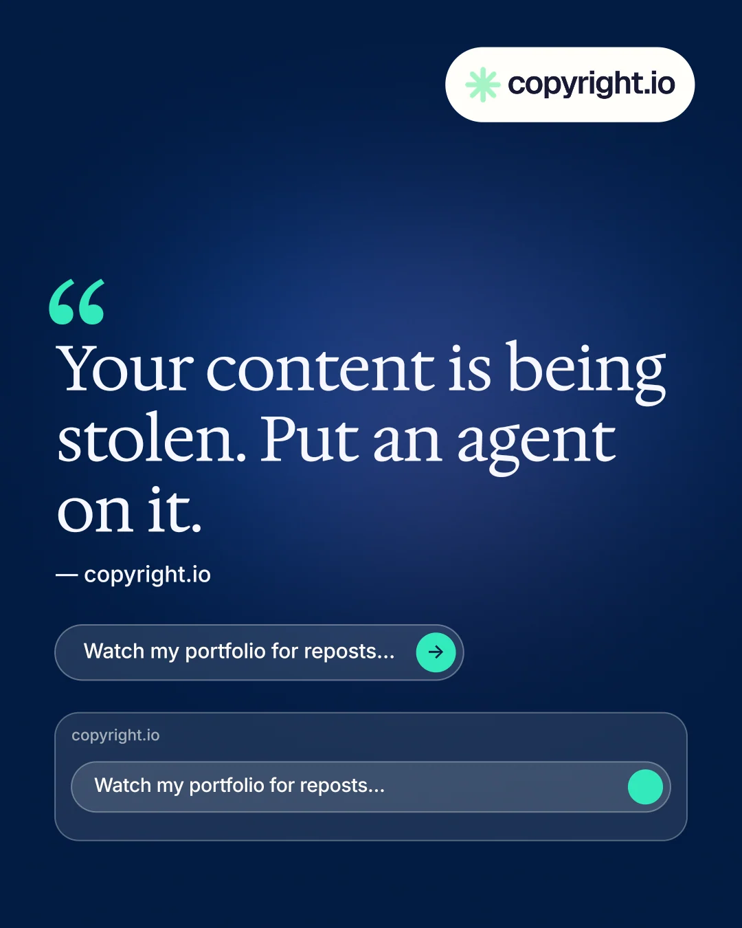 Instagram portrait post for copyright.io: "See the plan first." Agentic glass style, quote layout, dark palette in blue.