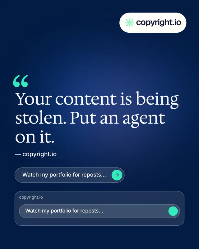 Instagram portrait post for copyright.io: "See the plan first." Agentic glass style, quote layout, dark palette in blue.