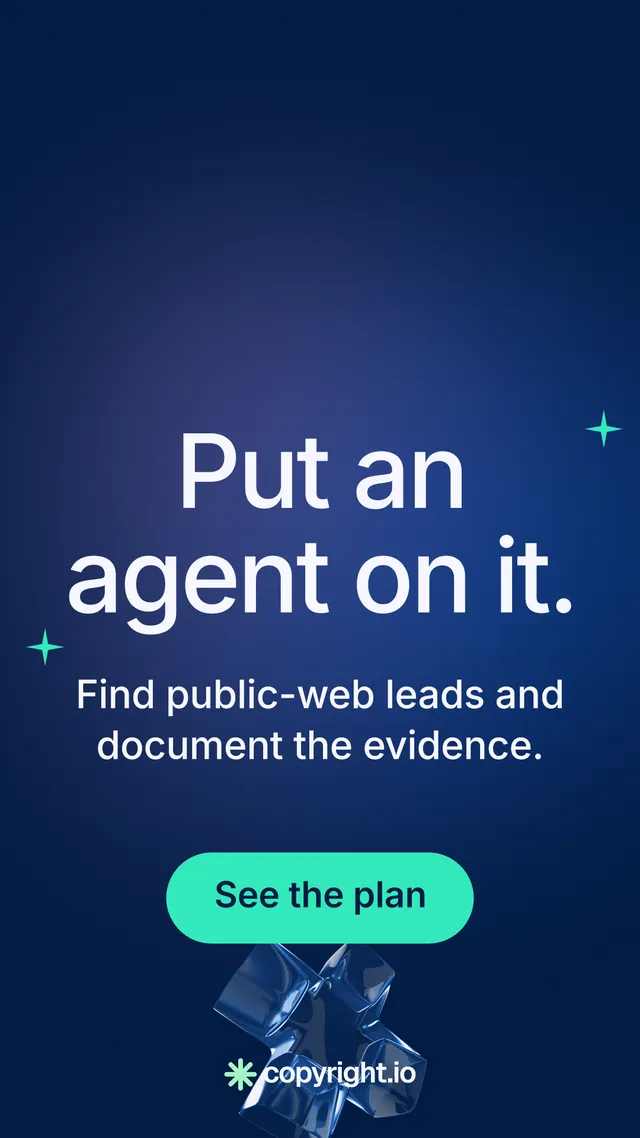 Instagram story for copyright.io: "Put an agent on it." Y2K style, skeleton layout, dark palette in blue, teal.