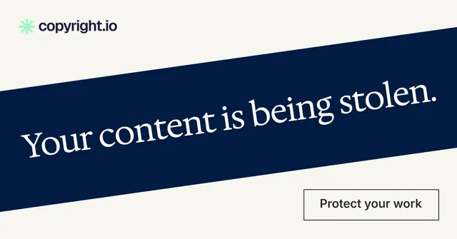 Social ad for copyright.io: "Your content is being stolen." Editorial style, diagonal layout, light palette in white, blue.