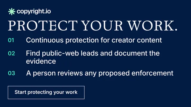 Landscape graphic for copyright.io: "Protect your work." Editorial style, numbered layout, dark palette in blue.