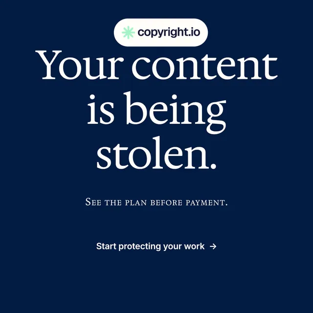 Instagram post for copyright.io: "Your content is being stolen." Agentic glass style, smallcaps layout, dark palette in blue, grey.