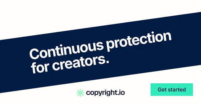 Social ad for copyright.io: "Continuous protection for creators." Swiss style, diagonal layout, light palette in white, blue, teal.