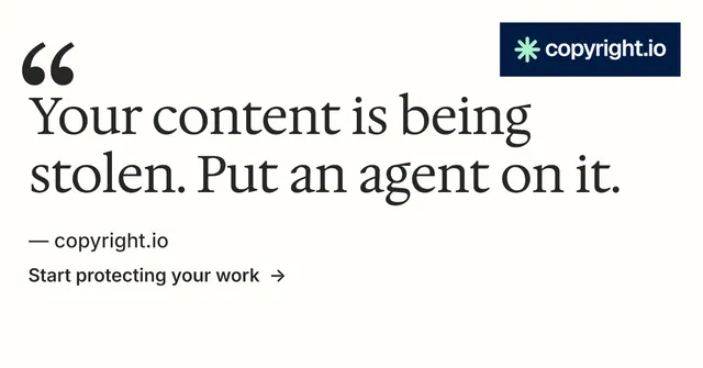 Social ad for copyright.io: "Your content is being stolen." Minimal luxury style, quote layout, light palette in white, grey.
