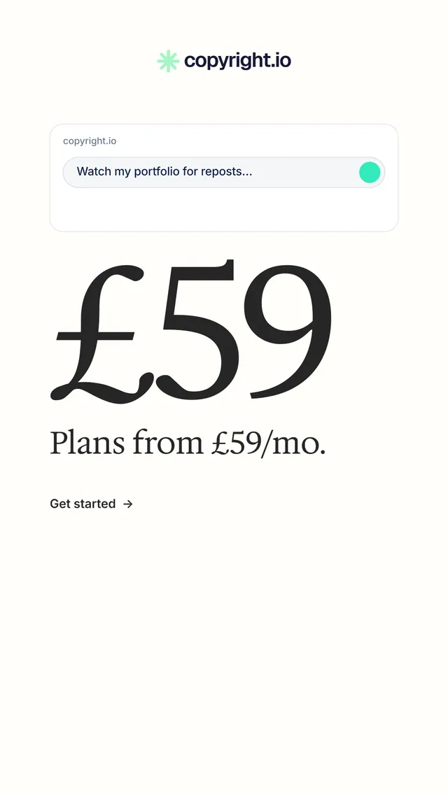 Instagram story for copyright.io: "Protect your work." Minimal luxury style, stat layout, light palette in white, grey.