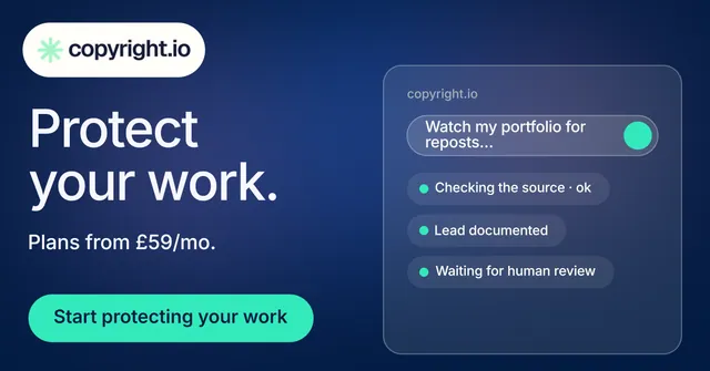 Social ad for copyright.io: "Protect your work." Y2K style, bottom layout, dark palette in blue, teal.