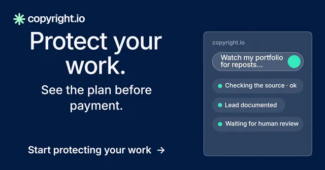 Social ad for copyright.io: "Protect your work." Minimal luxury style, skeleton layout, dark palette in blue.