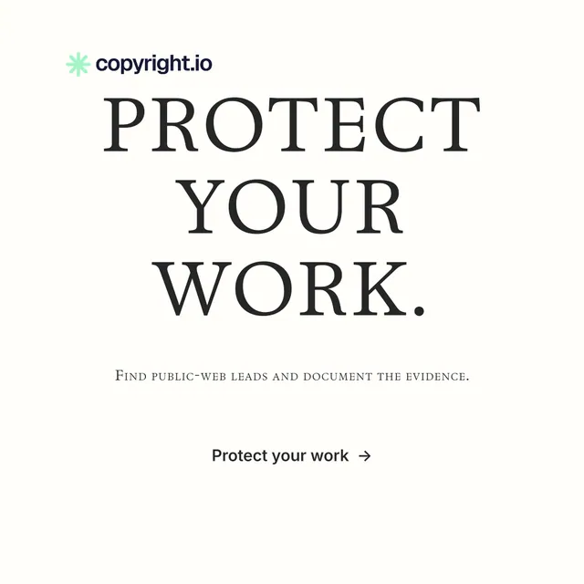 Instagram post for copyright.io: "Protect your work." Minimal luxury style, smallcaps layout, light palette in white, grey.