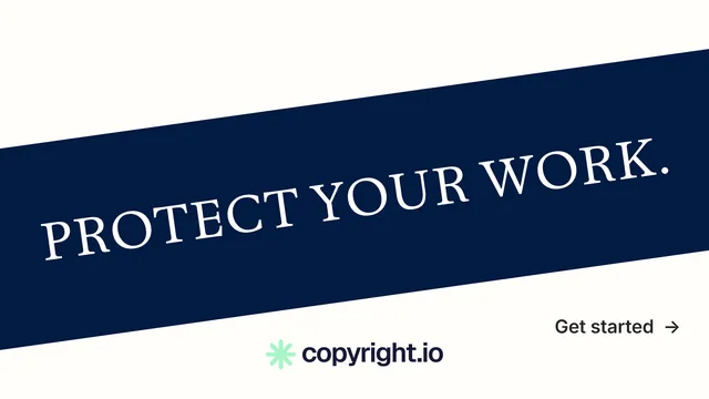 Landscape graphic for copyright.io: "Protect your work." Minimal luxury style, diagonal layout, light palette in white, blue.