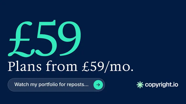Landscape graphic for copyright.io: "Your content is being stolen." Agentic glass style, stat layout, dark palette in blue, teal.
