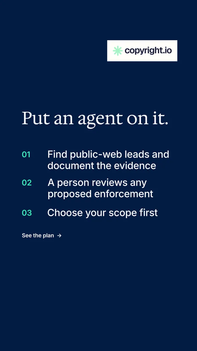 Instagram story for copyright.io: "Put an agent on it." Minimal luxury style, numbered layout, dark palette in blue.